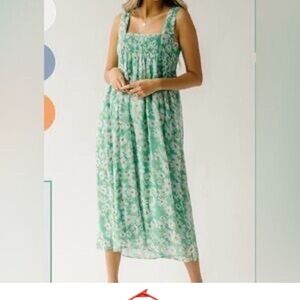 Green Floral Midi Dress with Square Neck